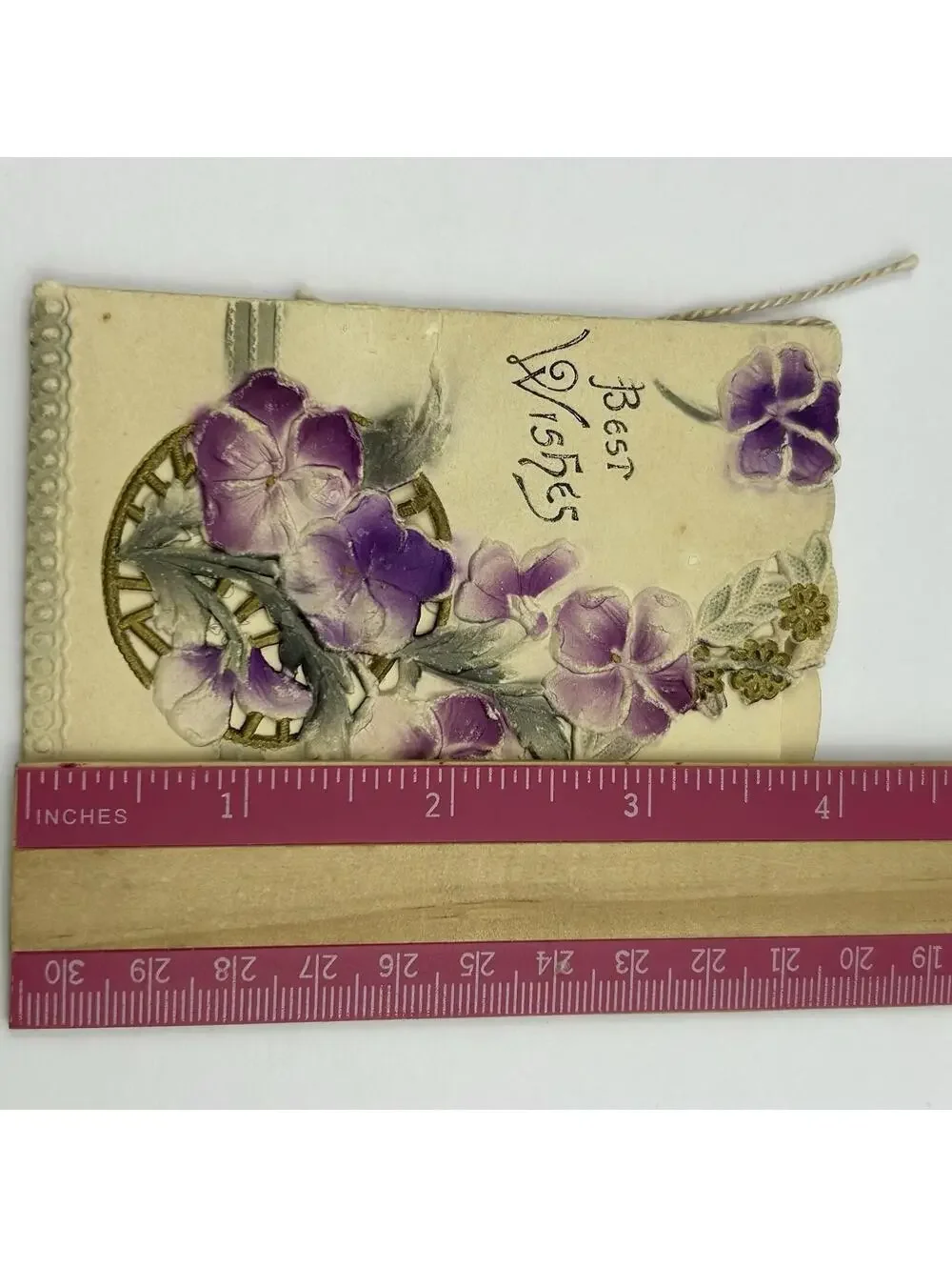 Antique Die-Cut Embossed Greeting Card Booklet Pansies 1900-1915 Gilt Poem F2